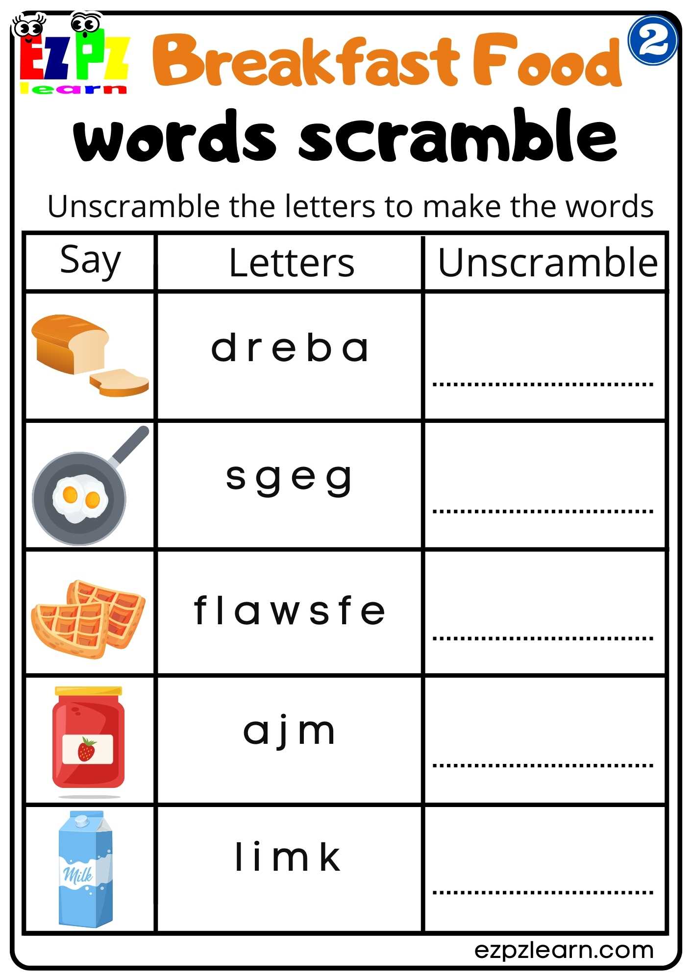 Group 2 Breakfast Food Vocabulary Words Scramble Worksheet for K5 and ESL Students PDF Download